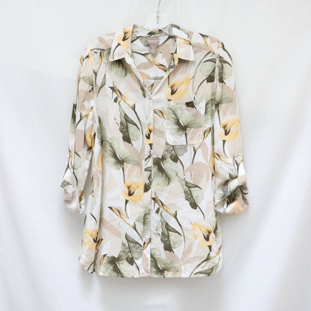 Chico's linen cotton floral print shirt coastal summer resortwear boho neutral 1